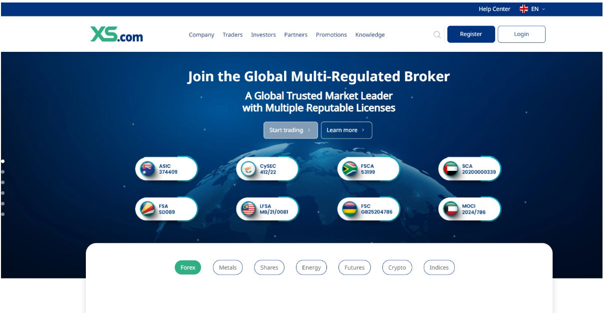 XS.com platform and regulatory licenses screenshot