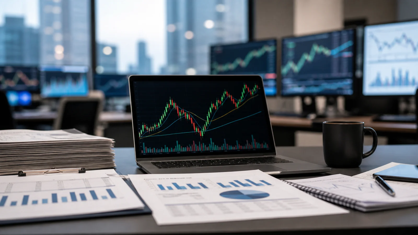 Labor market data and technology stock charts on a financial analyst desk